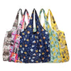 A collection of colorful reusable nylon shopping tote bags featuring various patterns and designs.