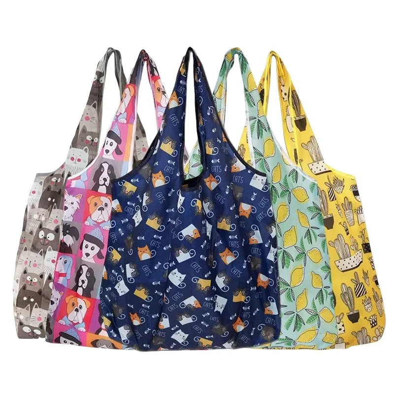 A collection of colorful reusable nylon shopping tote bags featuring various patterns and designs.