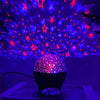 A purple LED projector casts a starry sky pattern onto the ceiling, illuminating a dark room.