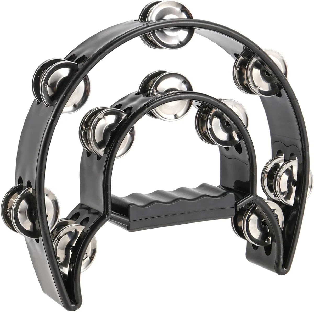 Black half-moon tambourine with double row metal jingles.