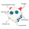 A white sensory ball toy with orange knobs, a twist knob, sliding beads, and a push switch.