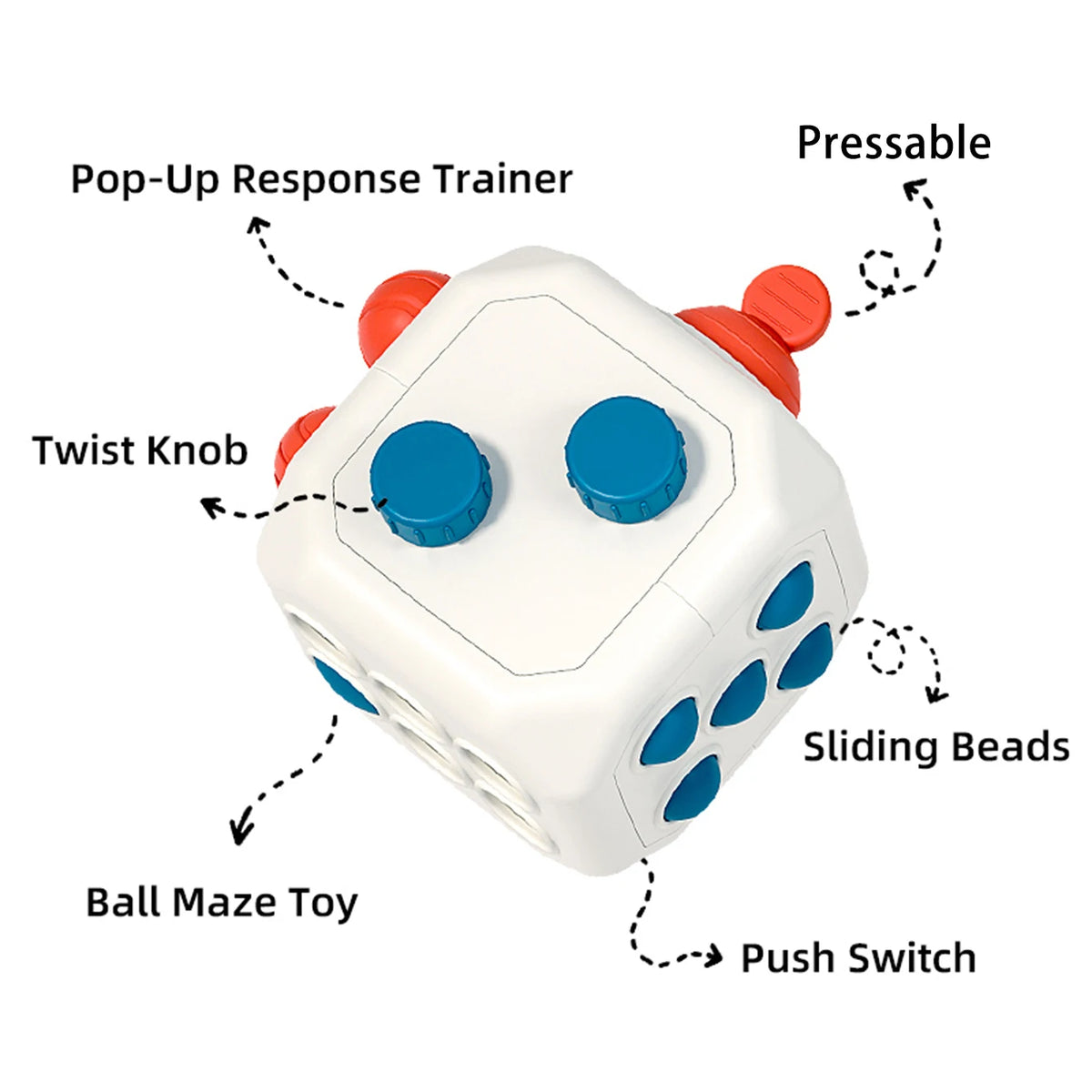 A white sensory ball toy with orange knobs, a twist knob, sliding beads, and a push switch.