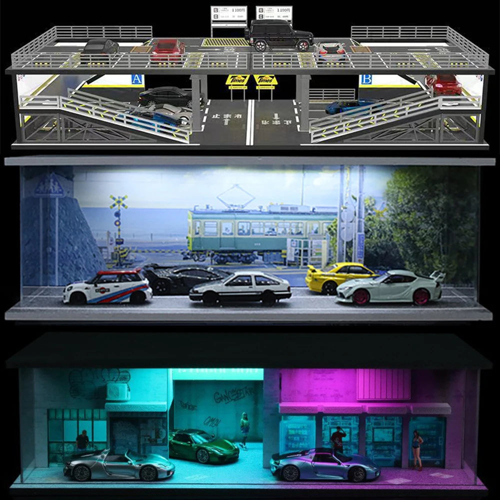A detailed 1:64 scale miniature garage diorama kit featuring various cars and lighting elements.