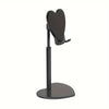 A black adjustable heart-shaped phone and tablet stand with a vertical mounting arm.
