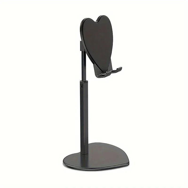 A black adjustable heart-shaped phone and tablet stand with a vertical mounting arm.