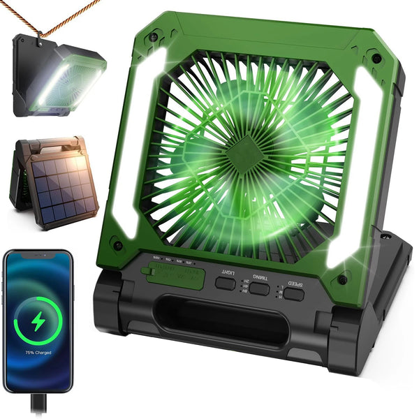Ventilador Portátil Solar para Camping con Luz LED