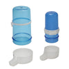 A set of blue hanging bird feeder and water dispenser components, including a main container and a separate white feeding dis
