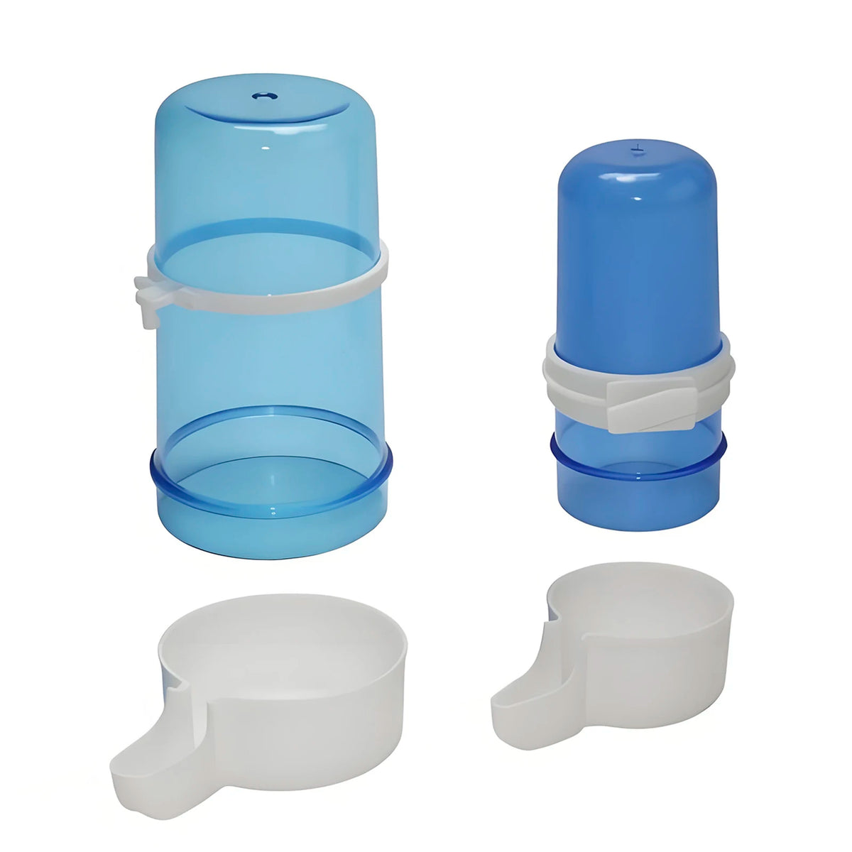 A set of blue hanging bird feeder and water dispenser components, including a main container and a separate white feeding dis