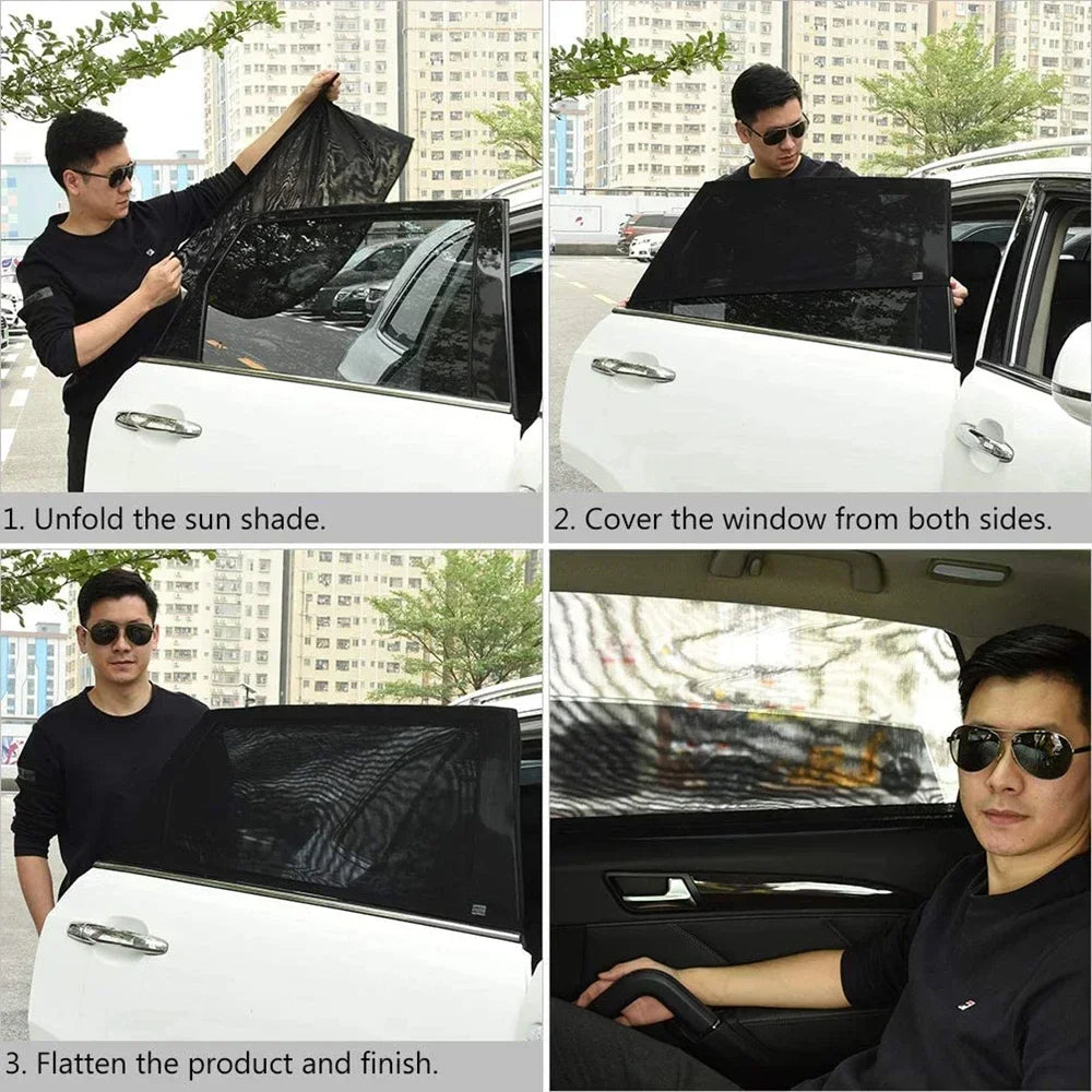 Demonstration of a car side window sunshade with mosquito mesh being unfolded and covered on a white vehicle.