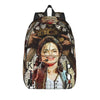 A black backpack featuring a portrait of a musical icon with a crown and ornate details.