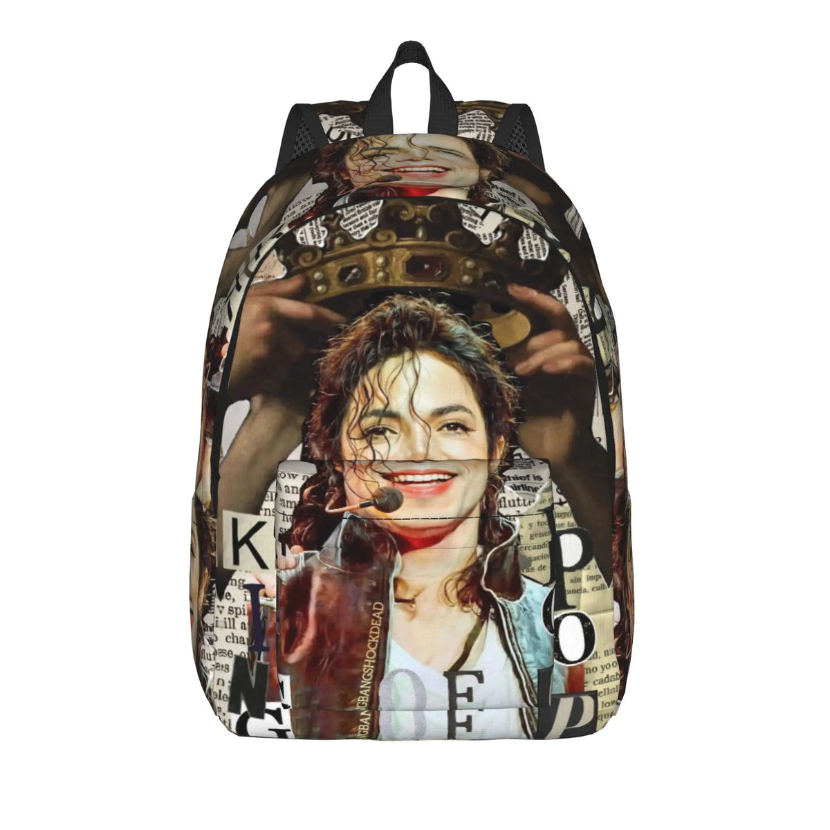 A black backpack featuring a portrait of a musical icon with a crown and ornate details.