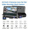 A black 4.0 inch three-camera lens car DVR dash camera with a display showing a view of the road.