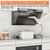 A hand is using a handheld steam cleaner to clean a kitchen appliance, with a food processor visible nearby.