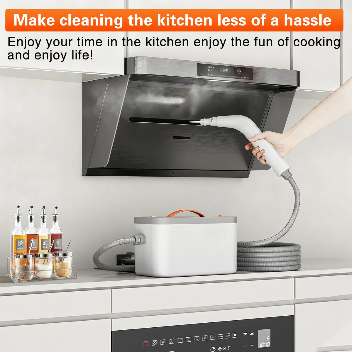 A hand is using a handheld steam cleaner to clean a kitchen appliance, with a food processor visible nearby.