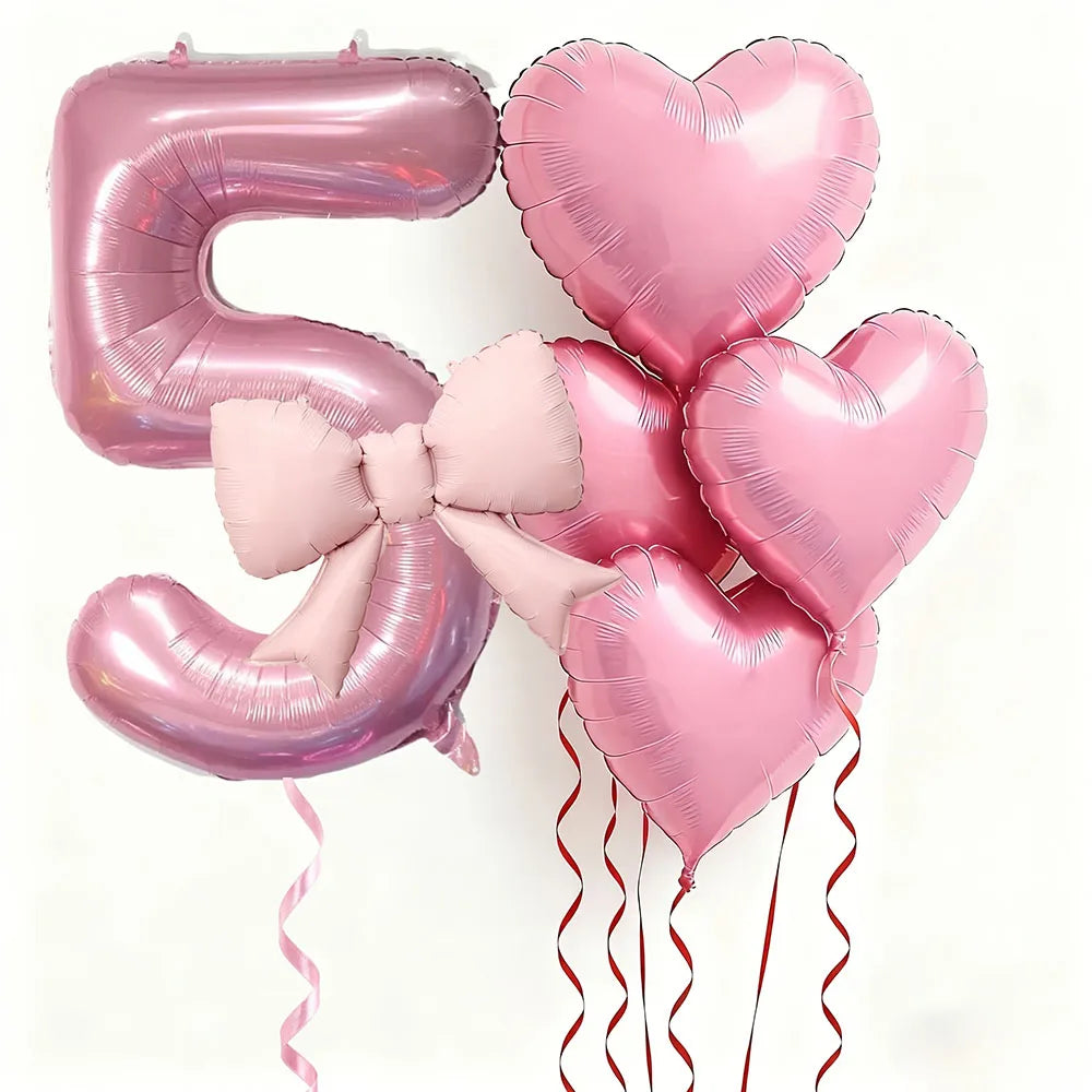 Pink Bow Heart and Number Foil Balloon Set for Celebrations