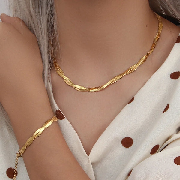 Gold-Plated Herringbone Chain Necklace & Bracelet Set