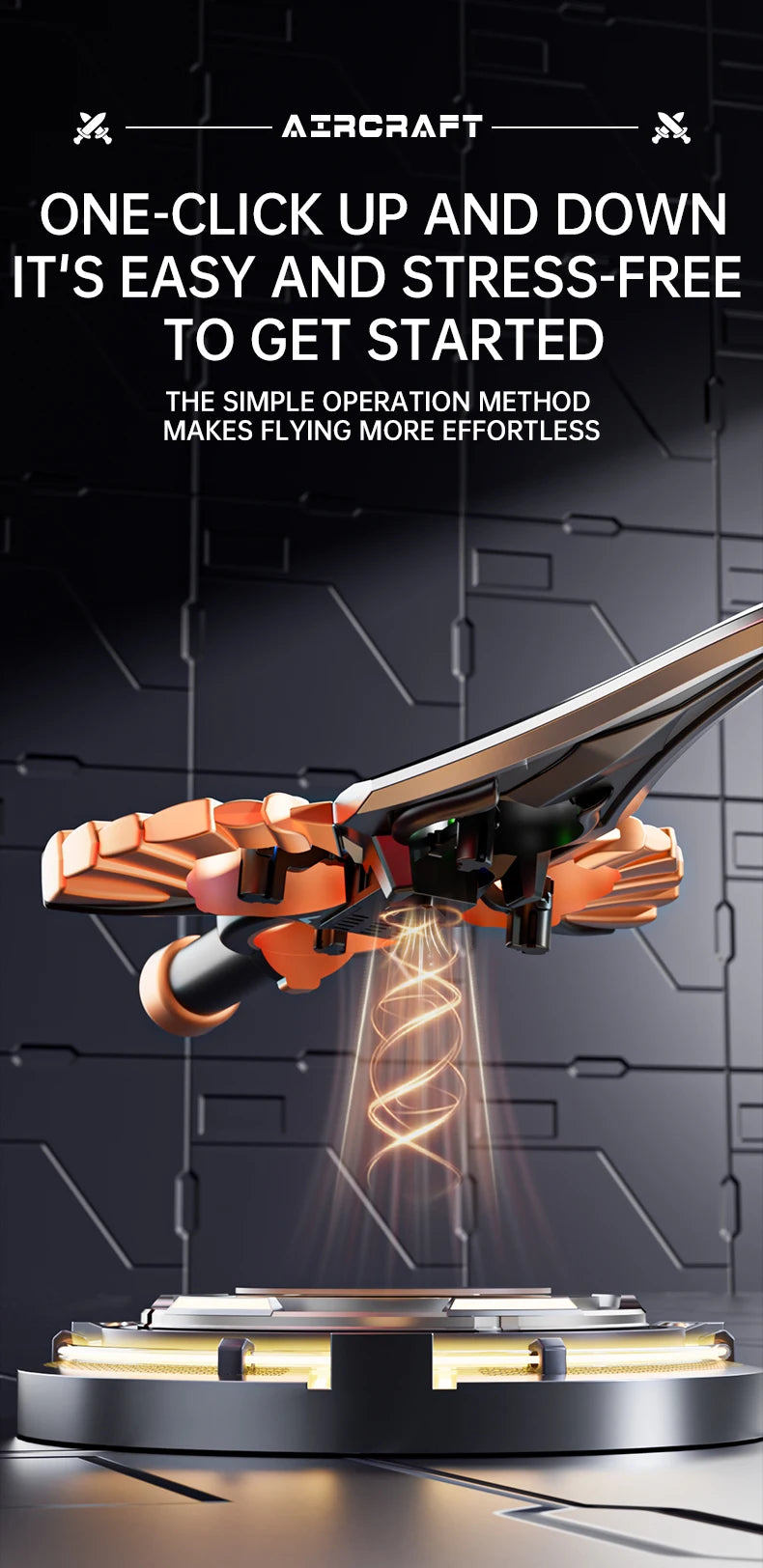 A close-up of an RC flying sword model being launched, showing the orange and black components against a dark background.