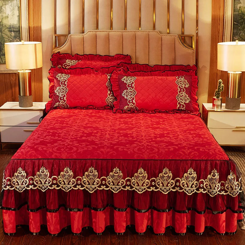 Lace Bed Skirt Set with Matching Pillowcases