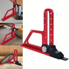 A red precision depth gauge with a graduated scale used for measuring depth on table saws.