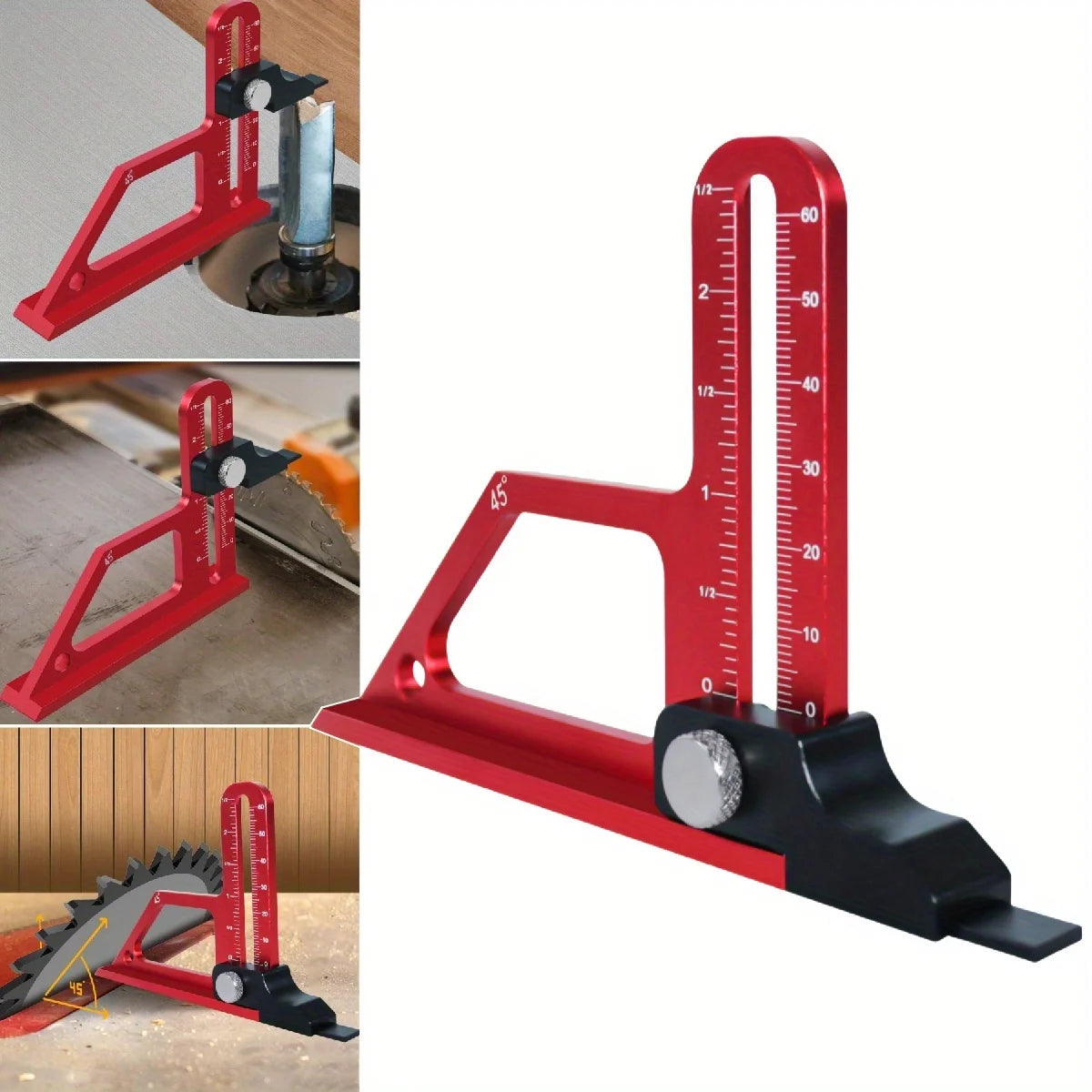 A red precision depth gauge with a graduated scale used for measuring depth on table saws.