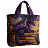 A purple quilted tote bag featuring a detailed illustration of a dragon on a stack of old books.