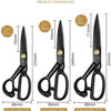 A set of professional heavy-duty fabric shears with sizes 8, 9, and 10 shown with dimensions and weights.