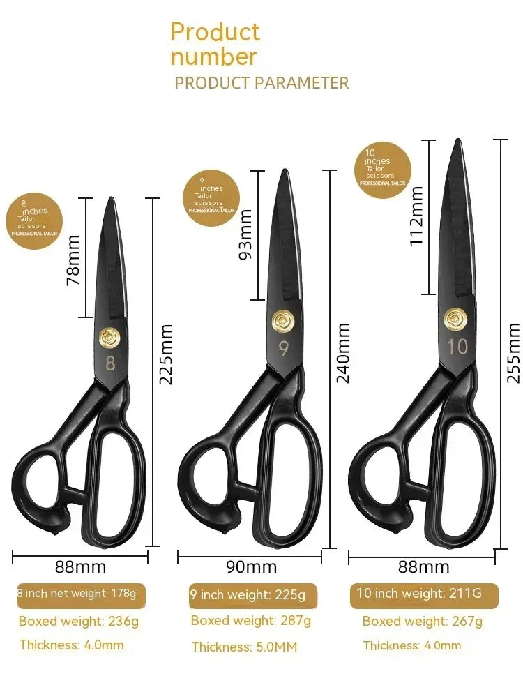 A set of professional heavy-duty fabric shears with sizes 8, 9, and 10 shown with dimensions and weights.