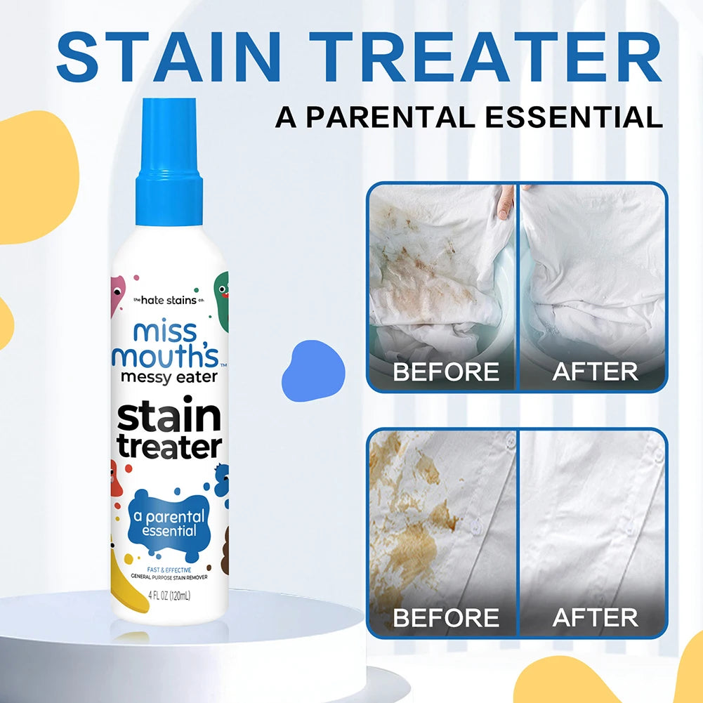 A bottle of stain treater product with a blue cap and label, showing before and after stain removal results.