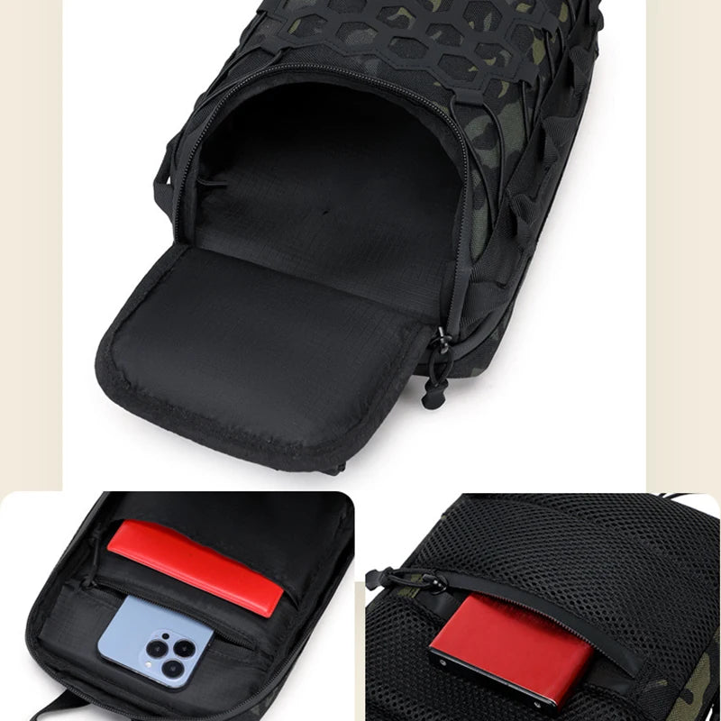 Sac de tactique MOLLE noir camouflage avec poche intérieure rouge et smartphone argenté visible.