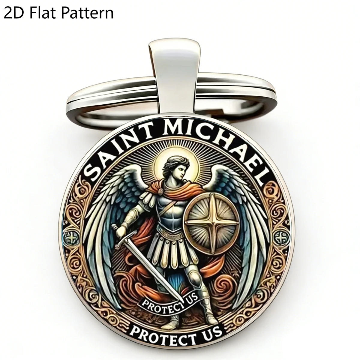 Silver key chain featuring a detailed engraving of Saint Michael the Archangel protecting us.