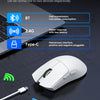 A white Attack Shark X11 gaming mouse is shown with various connection modes like BT, 2.4G, and Type-C.
