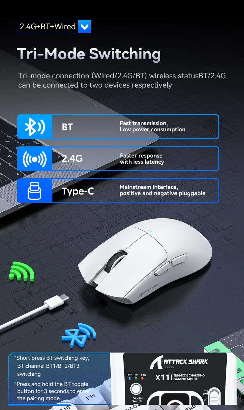A white Attack Shark X11 gaming mouse is shown with various connection modes like BT, 2.4G, and Type-C.