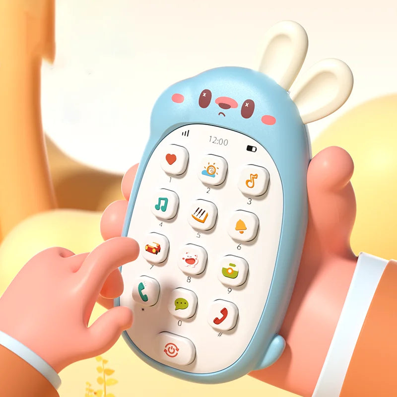 A hand holds a light blue rabbit-shaped baby music phone toy with a keypad and teether on a wrist.