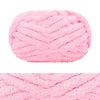 A ball of pink chunky chenille yarn with a ribbed texture.