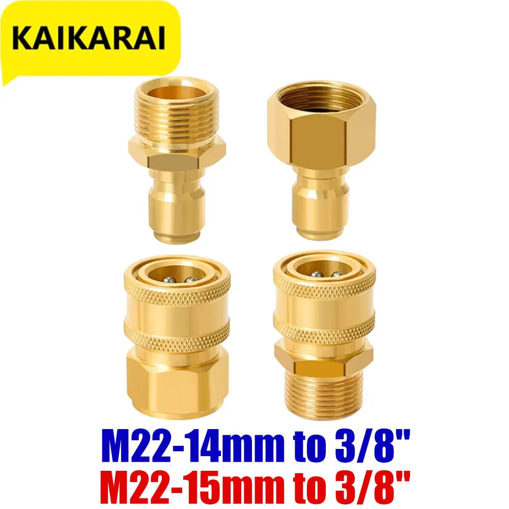 A set of brass quick-connect adapters for pressure washers, featuring M22-14mm and M22-15mm connections.