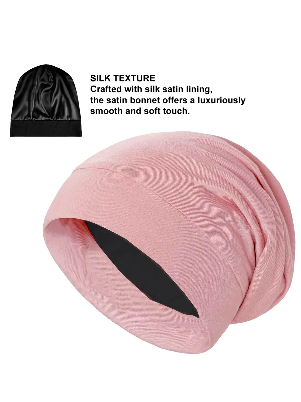A pink silk satin sleep bonnet rolled up, showing the smooth texture and lining.