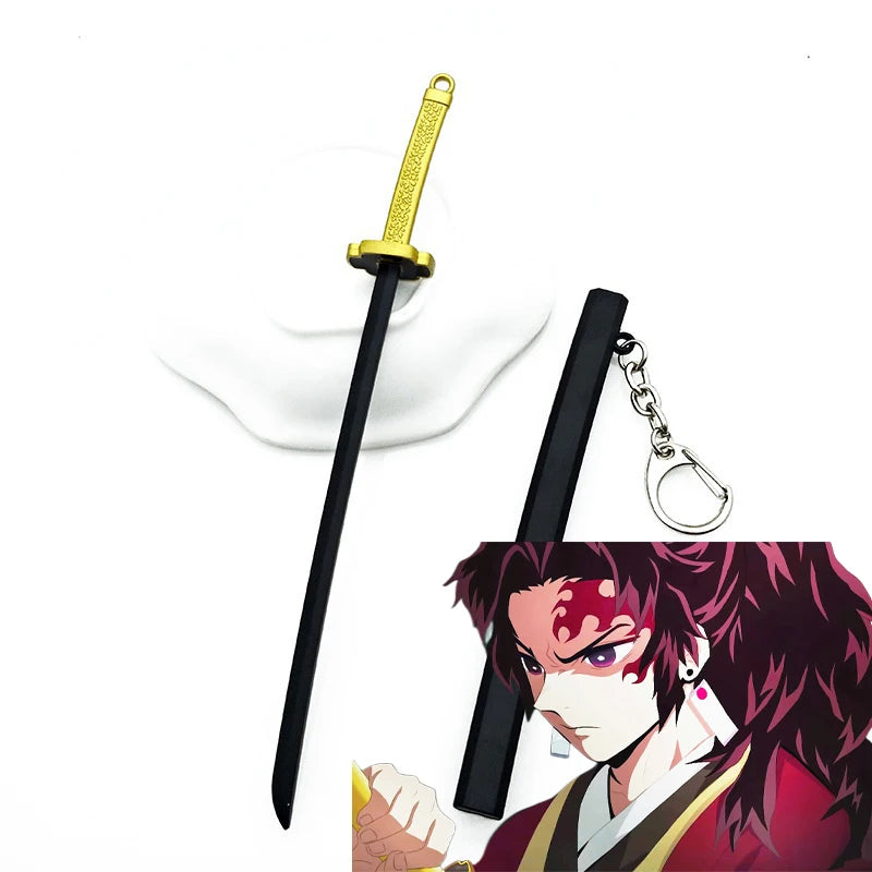 A replica metal sword resembling a katana with a gold hilt and a Demon Slayer character illustration.