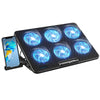 Plaque de refroidissement noire pour ordinateur portable avec six ventilateurs bleus lumineux et un smartphone dessus.