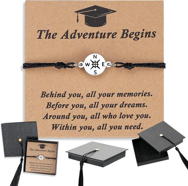 A graduation cap box featuring a bracelet and a message about memories, dreams, and love.