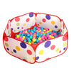 A pink and multi-colored foldable kids play tent with a ball pool pit inside.