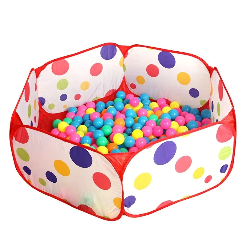 A pink and multi-colored foldable kids play tent with a ball pool pit inside.