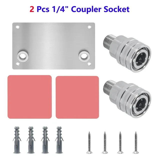 Two 1/4 inch coupler sockets and various threaded connectors for a pressure washer accessory storage rack.