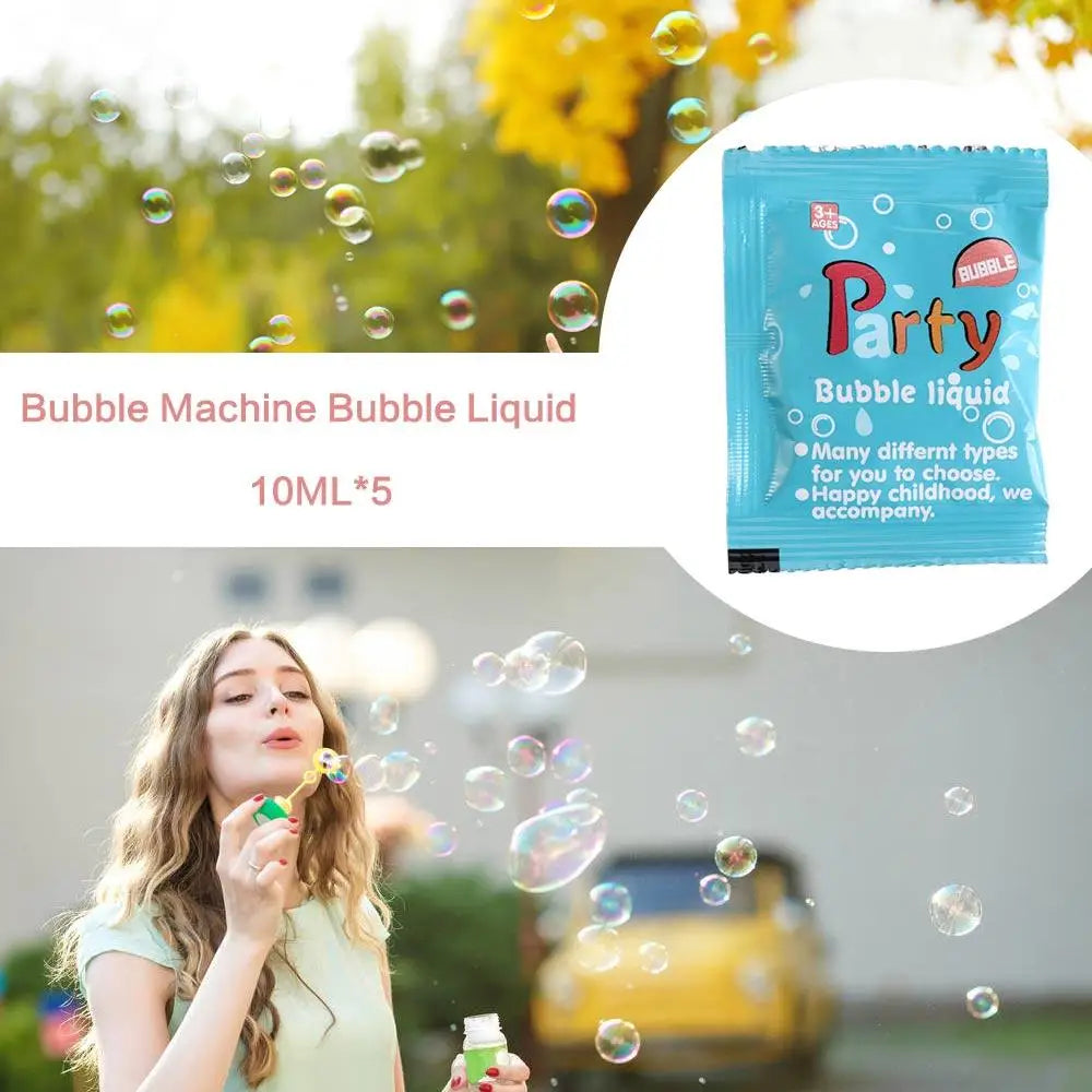 A young woman is blowing bubbles outdoors, with a package of Party Bubble liquid visible.