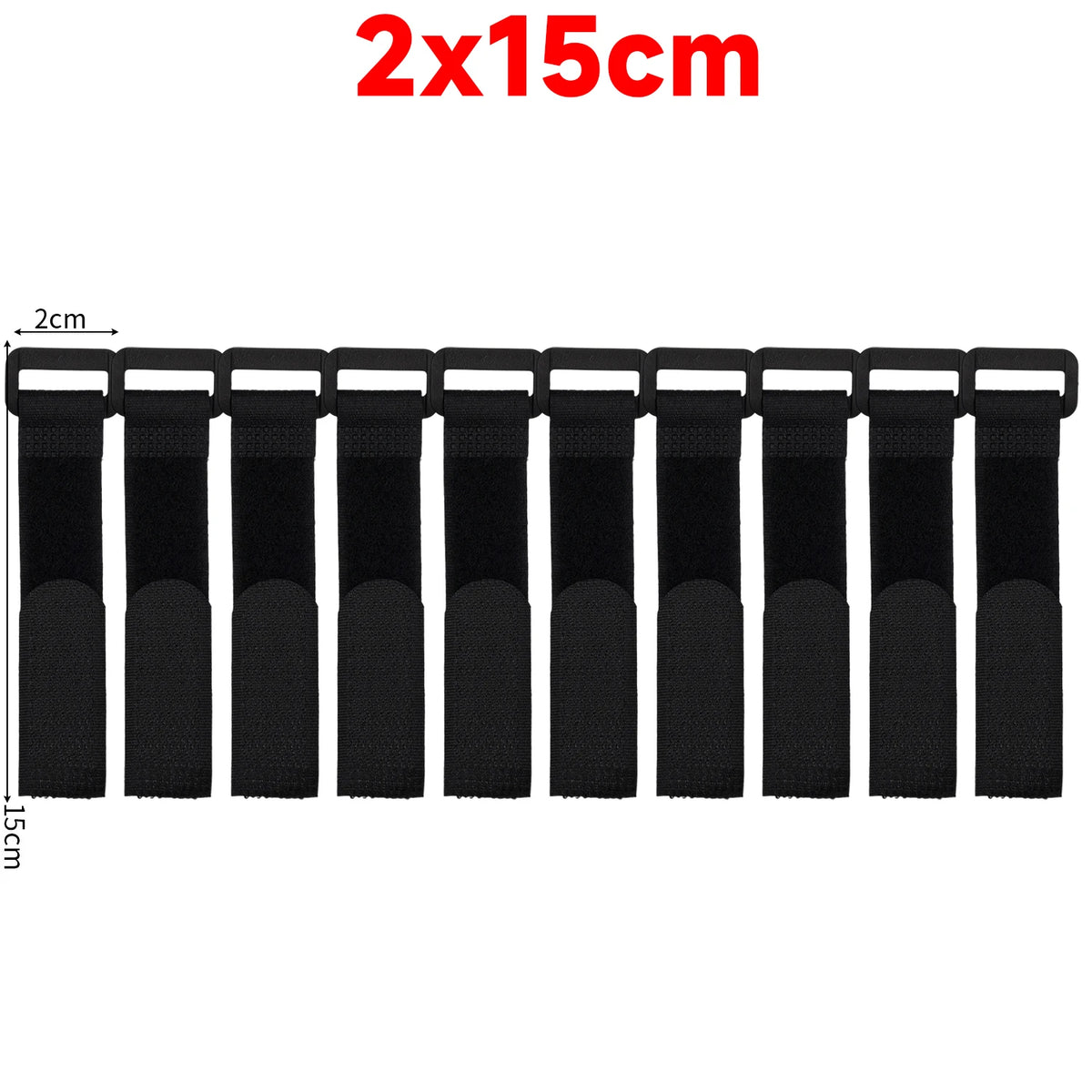 A row of black reusable nylon cable ties with adjustable hook and loop fasteners, measuring 2x15cm.