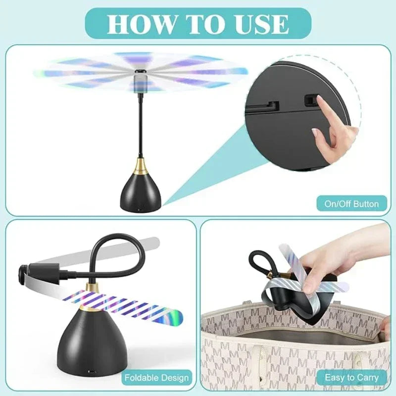 Diagrams showing how to use a portable quiet fly repellent fan with an on/off button and foldable design.