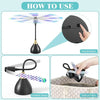 Diagrams showing how to use a portable quiet fly repellent fan with an on/off button and foldable design.