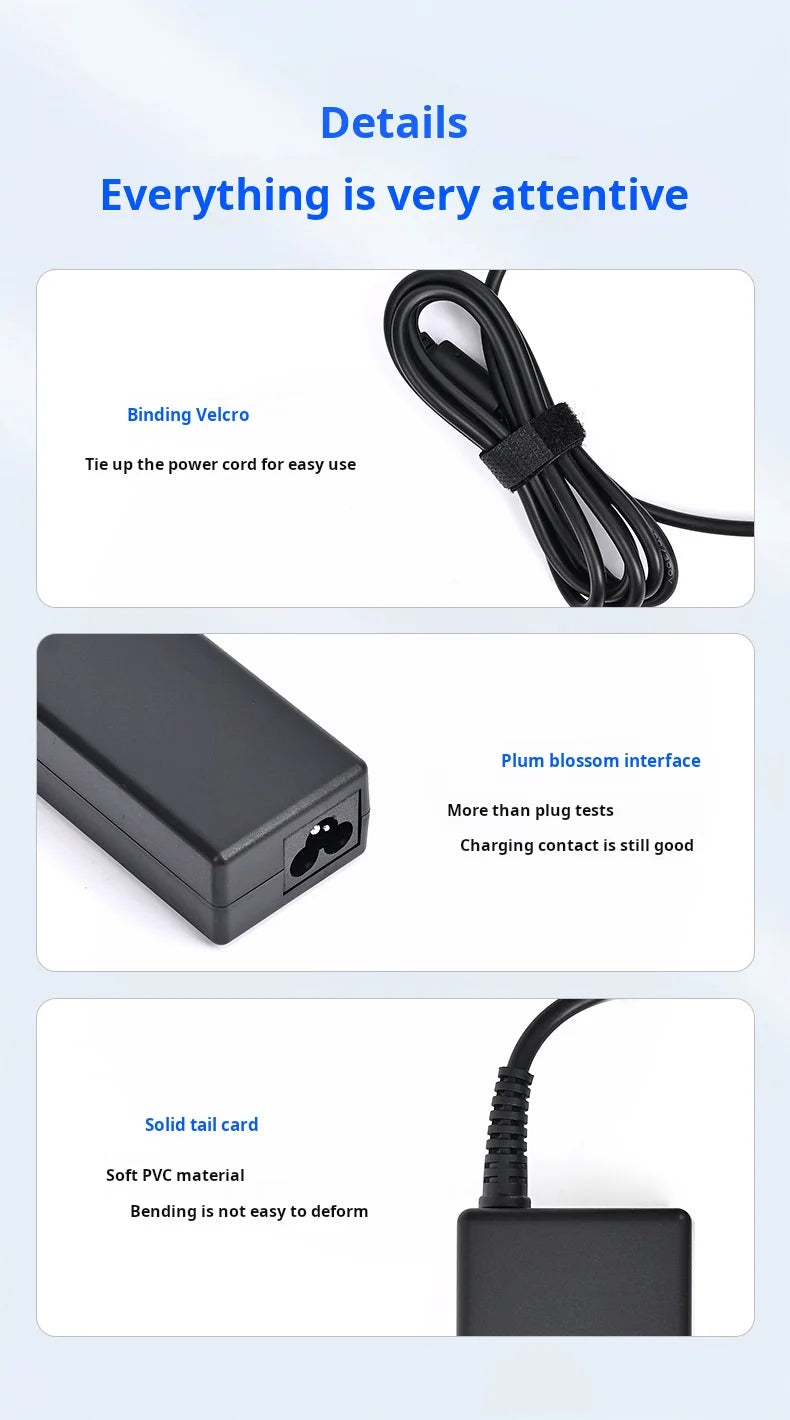 Details of a universal laptop power adapter showing binding velcro, plum blossom interface, and a solid tail card.