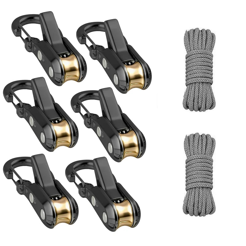 Set of heavy-duty paracord tensioners with alloy carabiners in black and gold finishes.