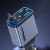 A silver LED ambient light car charger with multiple USB ports is shown plugged into a car outlet.