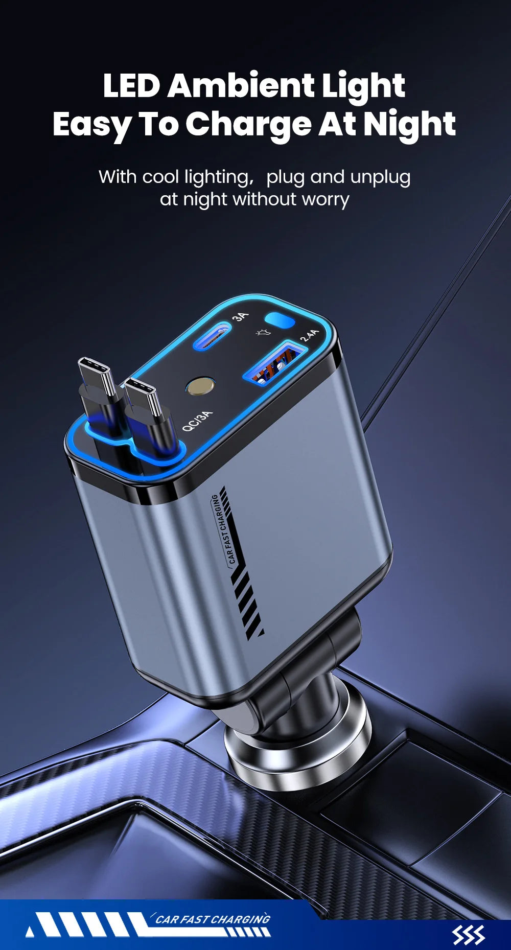 A silver LED ambient light car charger with multiple USB ports is shown plugged into a car outlet.